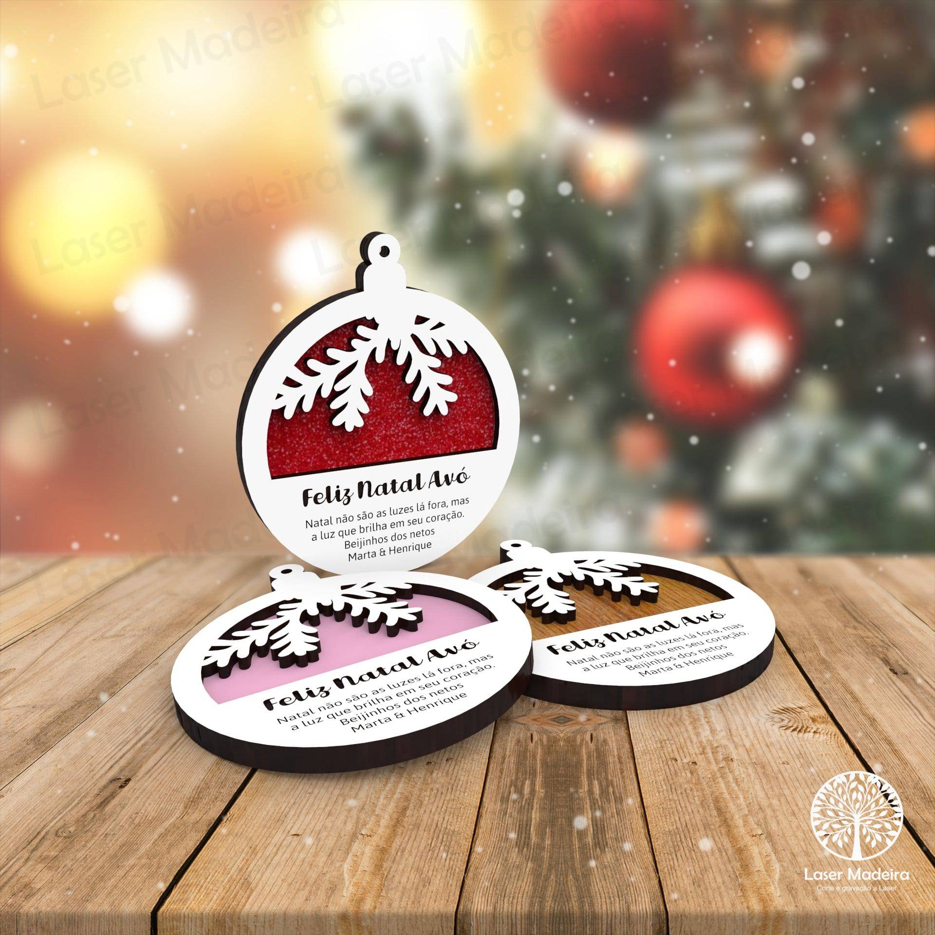 Bola de Natal Personalizada com mensagem / nome (com fundo) - Laser Madeira